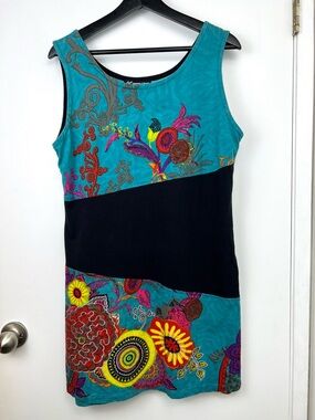 Leopards & Roses Colorful Floral Abstract Tunic size M Turquoise Multi Artsy